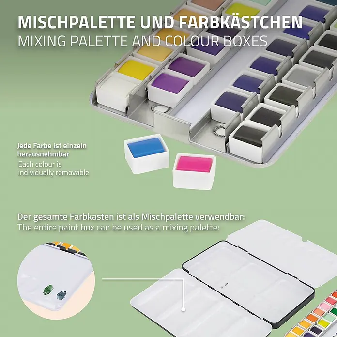 Aquarellfarben Set 48 Farben in tragbarer Box inkl. Utensilien -  - Metall-Aquarellkasten mit entnehmbaren Farbnäpfchen; Deckel dient als Mischpalette.