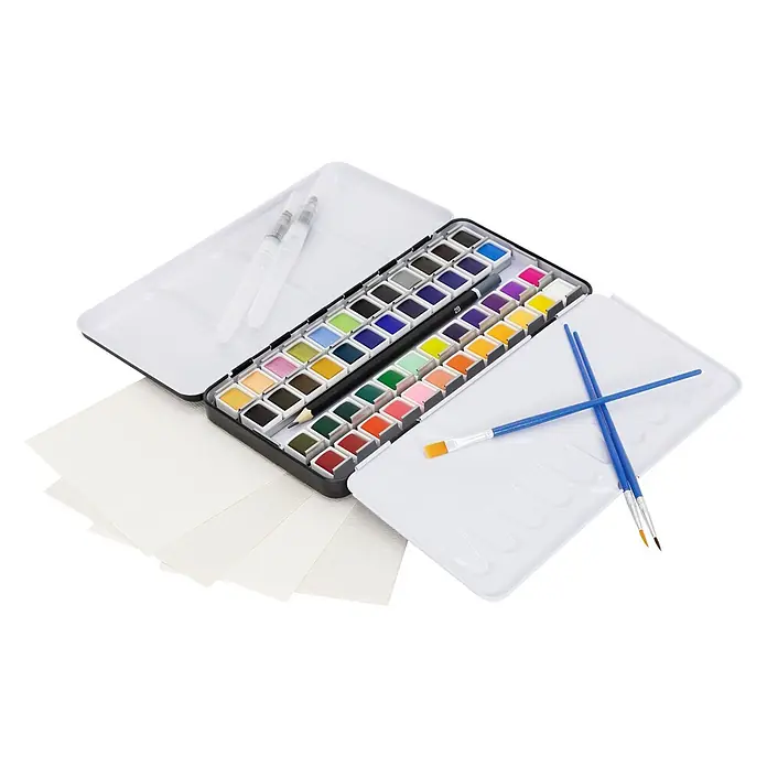 Aquarellfarben Set 48 Farben in tragbarer Box inkl. Utensilien -  - Offener 48-Farben-Aquarellfarbkasten in schwarzer Metalldose mit Pinseln, Bleistift und Aquarellpapier.