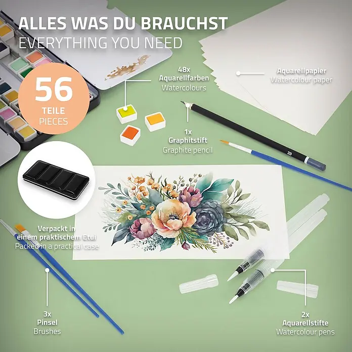 Aquarellfarben Set 48 Farben in tragbarer Box inkl. Utensilien -  - Ein umfassendes 56-teiliges Aquarellset mit 48 Farben, Papier, Pinseln und Stiften, verpackt in einem praktischen Etui.