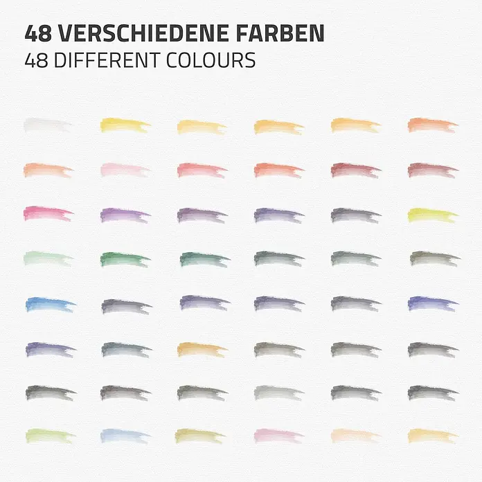 Aquarellfarben Set 48 Farben in tragbarer Box inkl. Utensilien -  - 48 Aquarellfarbmuster in verschiedenen Farben, die die verfügbare Palette zeigen.