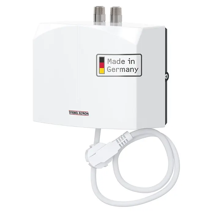 Stiebel Eltron Durchlauferhitzer DHM 3 - 3,53 kW, Hydraulisch, Drucklos - Weißer Stiebel Eltron Durchlauferhitzer mit silbernen Anschlüssen und Netzkabel, beschriftet mit „Made in Germany“.