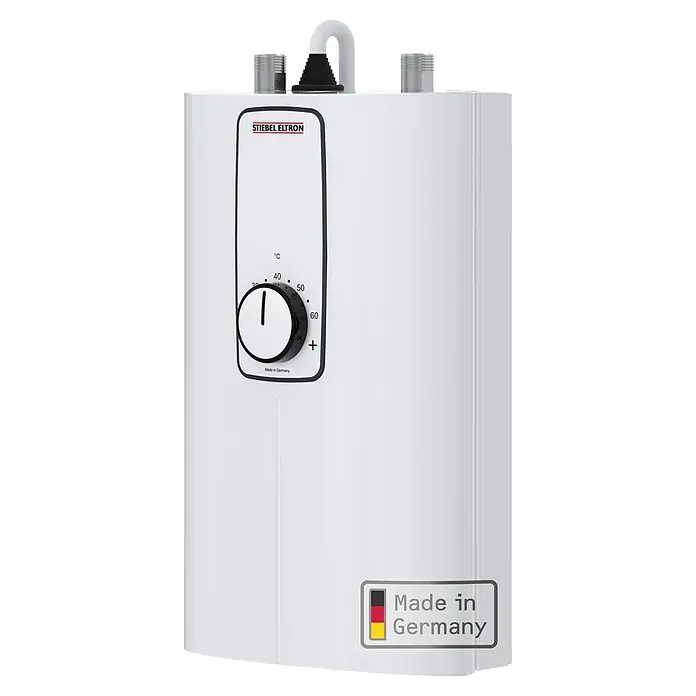 Stiebel Eltron Durchlauferhitzer DCE 11/13 - 13,5 kW, Elektronisch, Geschlossen - Weißer STIEBEL ELTRON Elektro-Warmwasserbereiter mit Temperaturregler (20-60°C) und oberen Anschlüssen.