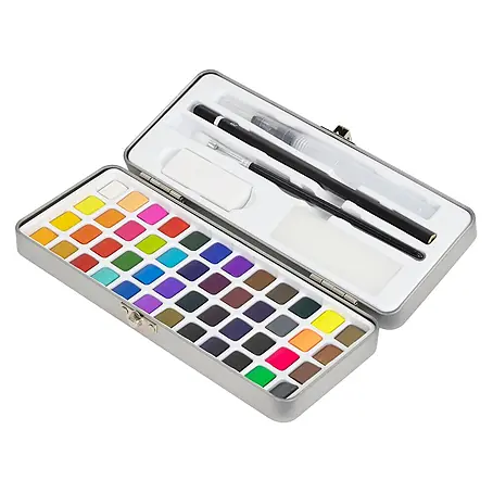 ECD Germany  Aquarellfarben-Set 48 Farben, Pinsel, Bleistift 2B, Aquarellstift
