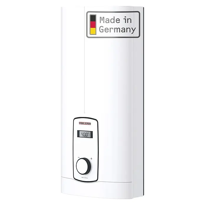 Stiebel Eltron Durchlauferhitzer DHB-E LCD - 27 kW, Elektronisch, Geschlossen - Weißer Stiebel Eltron Durchlauferhitzer mit digitaler Anzeige (40,0 °C), Drehregler und "Made in Germany" Etikett.