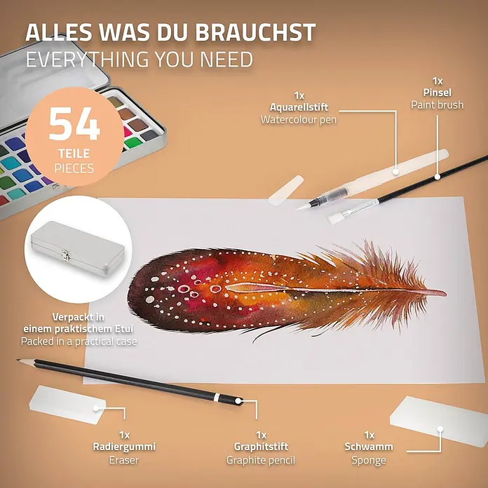 Aquarellfarben Set 48 Farben in tragbarer Box -  - 54-teiliges Aquarellfarben-Set in silbernem Metallkoffer, inklusive Aquarellstift, Pinsel, Radiergummi, Graphitstift und Schwamm für umfassende Kunstgestaltung.