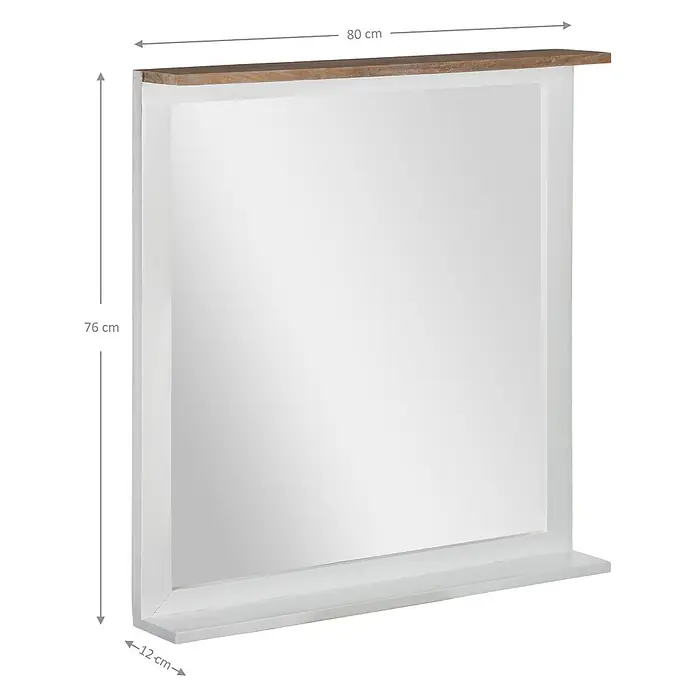 Womo_Design Rahmenspiegel Natur Hängespiegel Dekospiegel Flurspiegel Mangoholz lackiert - Braun, Weiß, Holz - Weiß gerahmter Spiegel mit Holzplatte und Ablage unten. Maße: 80x76x12 cm.
