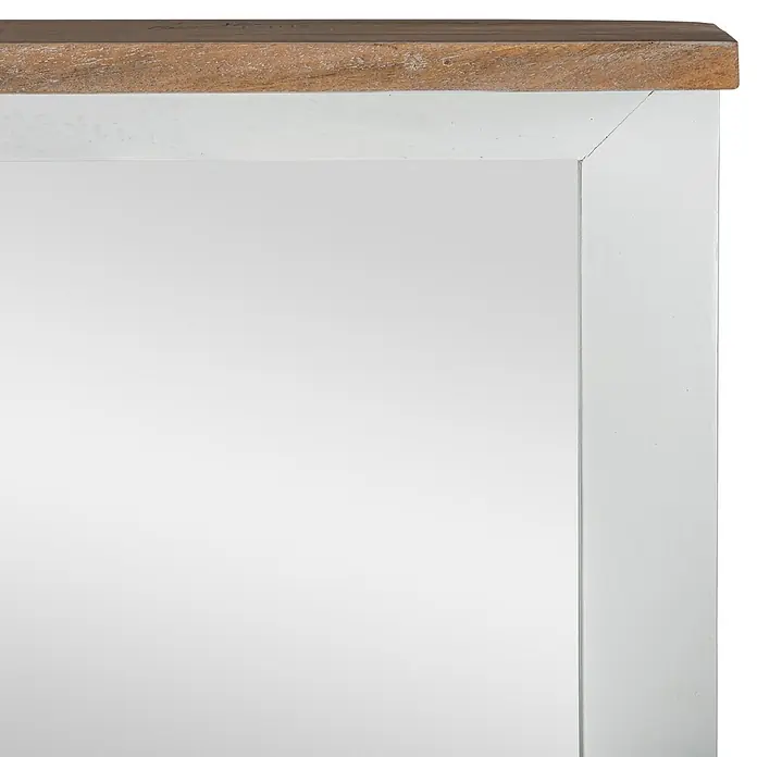 Womo_Design Rahmenspiegel Natur Hängespiegel Dekospiegel Flurspiegel Mangoholz lackiert - Braun, Weiß, Holz - Weiß gerahmter Spiegel mit Holzplatte, die obere rechte Ecke zeigend.