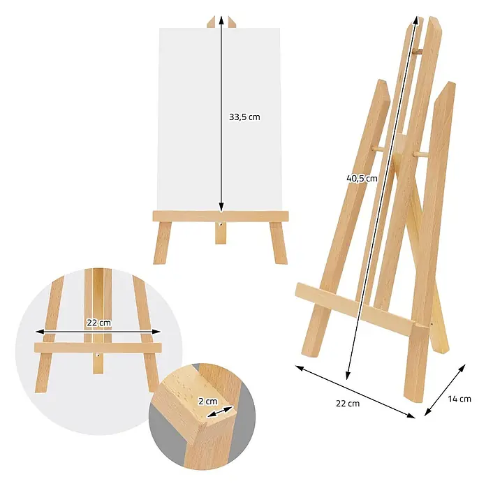 Tischstaffelei klappbar aus Holz verstellbar für Leinwänden bis 40 cm -  - Kleiner, hellbrauner Tischstaffelei aus Holz mit Maßen: 40,5 cm hoch, 22 cm breit, 14 cm tief, für Leinwände bis 33,5 cm.