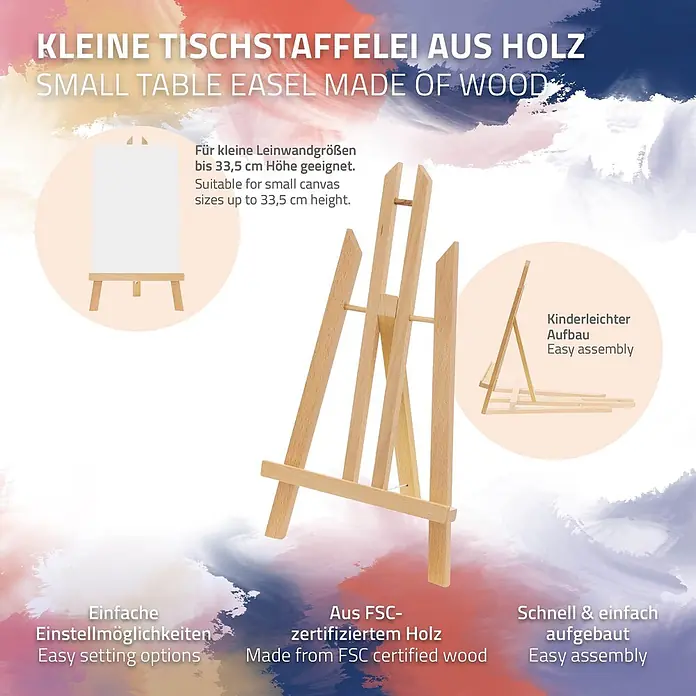 Tischstaffelei klappbar aus Holz verstellbar für Leinwänden bis 40 cm -  - Kleiner Tischstaffelei aus Holz, passend für Leinwände bis 33,5 cm Höhe, mit einfacher Montage und Einstellung.