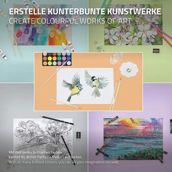 140tlg Malereiset Acryl & Zeichenset mit Aluminium Standtaffelei -  - Eine vielfältige Sammlung von Künstlerbedarf, darunter Farben, Bleistifte, Aquarelle und Pastelle, um lebendige Kunstwerke zu schaffen und die Kreativität zu fördern.