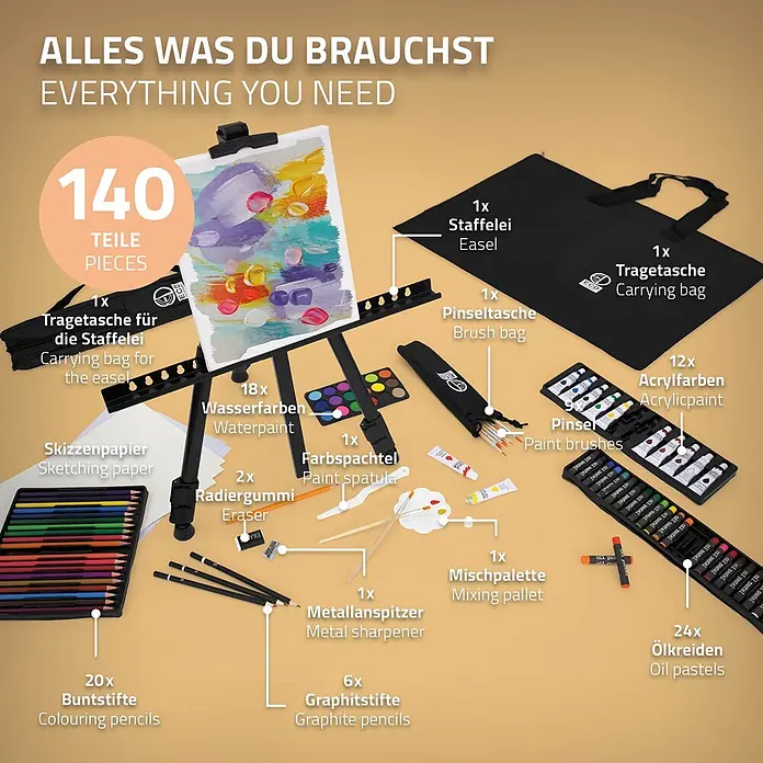 140tlg Malereiset Acryl & Zeichenset mit Aluminium Standtaffelei -  - Ein 140-teiliges Kunstset mit Staffelei, verschiedenen Farben, Pinseln, Bleistiften und anderem Künstlerbedarf.