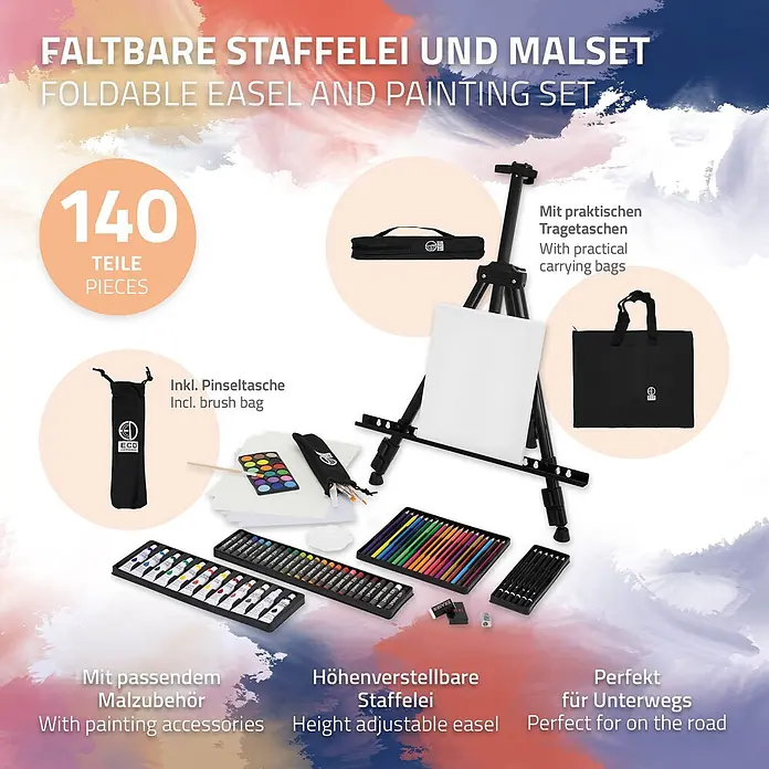140tlg Malereiset Acryl & Zeichenset mit Aluminium Standtaffelei -  - Faltbare Staffelei und 140-teiliges Malset mit Farben, Stiften, Pinseln und Tragetaschen. Höhenverstellbar, perfekt für unterwegs.