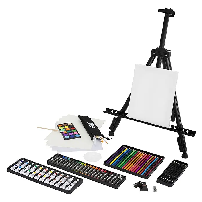 140tlg Malereiset Acryl & Zeichenset mit Aluminium Standtaffelei -  - Umfassendes Kunstset mit schwarzer Staffelei, Leinwand, Acrylfarben, Aquarellfarben, Ölpastellen, Buntstiften, Graphitstiften, Pinseln und Zubehör.