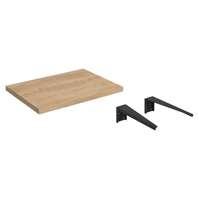 Encimera Wood - 60 x 46 x 3 cm, Melamina - Estante de madera clara con dos soportes de metal negro para estantes, listo para montar en la pared.
