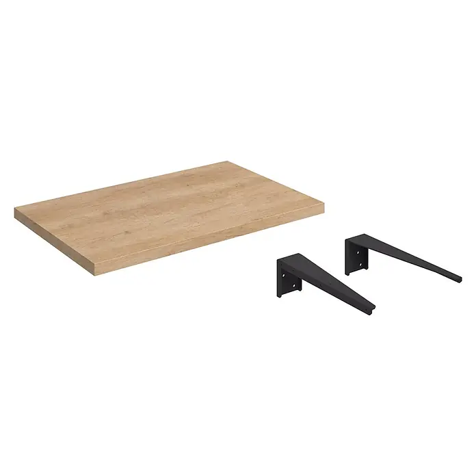 Encimera Wood - 70 x 46 x 3 cm, Melamina - Estante de madera marrón claro con dos soportes metálicos negros mate.