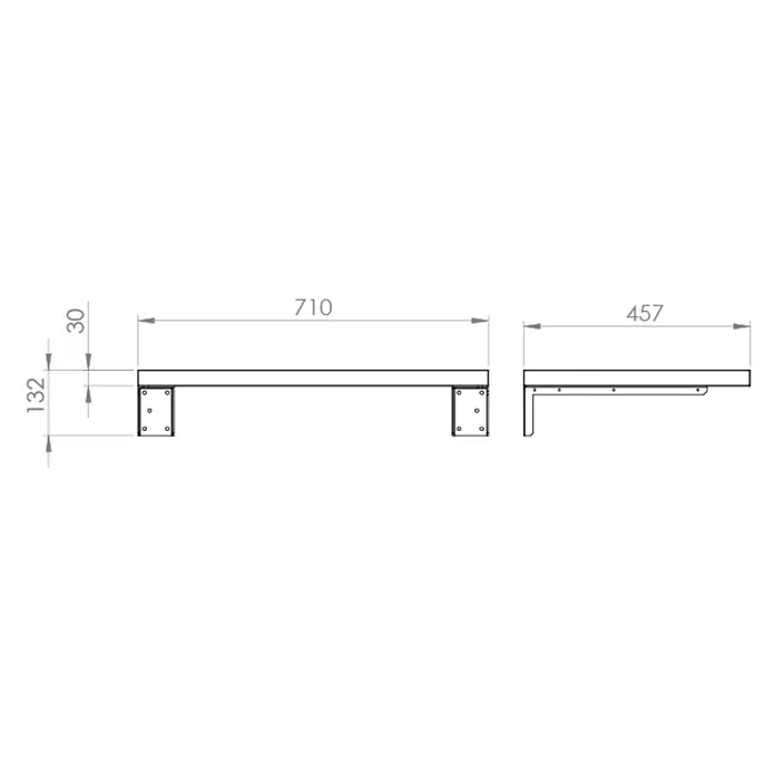 Encimera Wood - 70 x 46 x 3 cm, Melamina - Dibujo técnico de una estantería con soportes metálicos, vistas frontal y lateral con dimensiones 710x457x132 mm.
