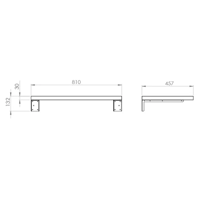 Encimera Wood - 80 x 46 x 3 cm, Melamina - Dibujo técnico de una estantería de pared con soportes, vistas frontal y lateral con dimensiones clave.