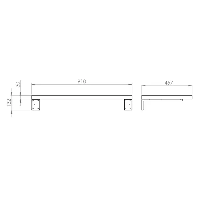 Encimera Wood - 90 x 46 x 3 cm, Melamina - Dibujo técnico de un sistema de estanterías con soportes de escuadra. Las dimensiones principales incluyen longitudes 910 y 457, y altura 132.