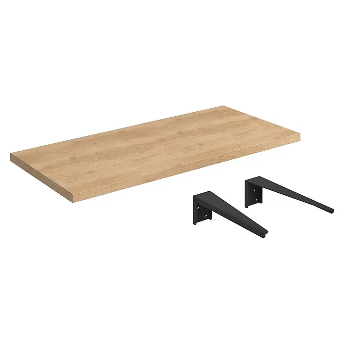 Encimera Wood - 100 x 46 x 3 cm, Melamina - Estante de madera clara con dos soportes de estantería de metal negro.