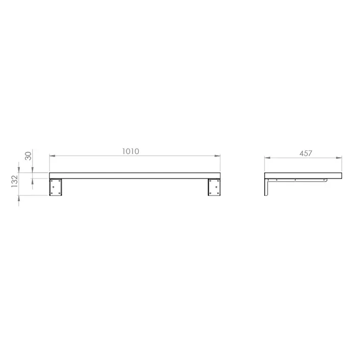 Encimera Wood - 100 x 46 x 3 cm, Melamina - Dibujo técnico de un soporte de estante metálico con dimensiones: 1010 longitud, 457 profundidad, 132 altura.