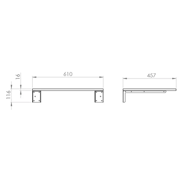 Encimera Wood - 60 x 46 x 1,6 cm, Melamina - Dibujo técnico de una estantería o banco. Muestra vistas frontal y lateral con dos tipos de soportes y dimensiones 610, 457, 116, 16 mm.