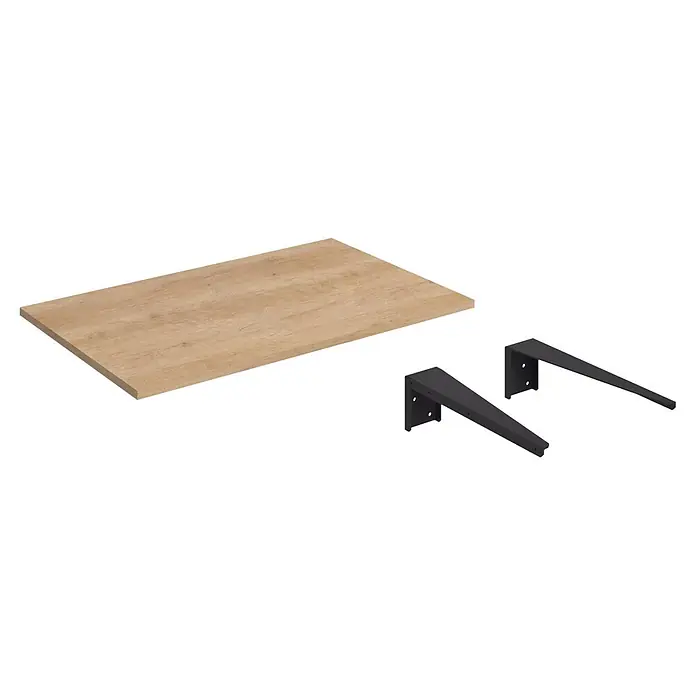 Encimera Wood - 70 x 46 x 1,6 cm, Melamina - Tabla de estante de madera clara con dos soportes metálicos negros para pared.
