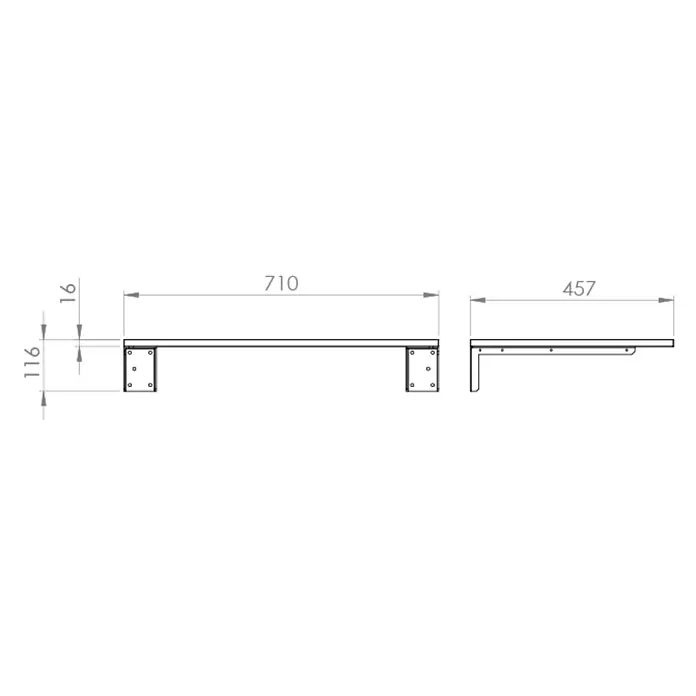 Encimera Wood - 70 x 46 x 1,6 cm, Melamina - Dibujo técnico de dos diseños de estantes o soportes, mostrando un estante largo con soportes y uno en forma de L con dimensiones.