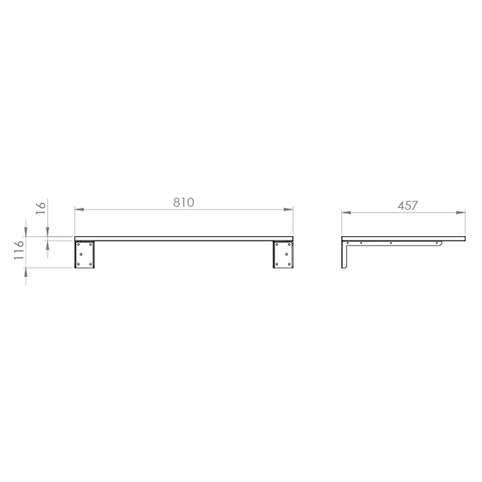 Encimera Wood - 80 x 46 x 1,6 cm, Melamina - Dibujo técnico de un estante rectangular con dos soportes, mostrando las dimensiones.