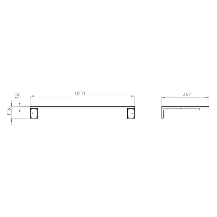 Encimera Wood - 100 x 46 x 1,6 cm, Melamina - Dibujo técnico de una estantería de pared con dos soportes, mostrando dimensiones: 1010 mm de largo, 457 mm de profundidad, 116 mm de alto y 16 mm de grosor.