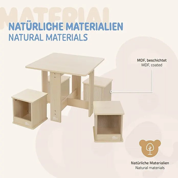 Kindersitzgruppe mit 1 Tisch und 4 Hockern, aus Holz, Naturfarbe -  - Kindertisch und drei Hocker aus hellem, beschichtetem MDF.