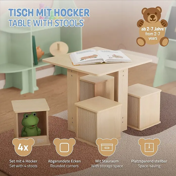 Kindersitzgruppe mit 1 Tisch und 4 Hockern, aus Holz, Naturfarbe -  - Heller Kindertisch aus Holz mit vier Hockern, die platzsparend darunter verstaut werden können, für 2-7 Jahre.