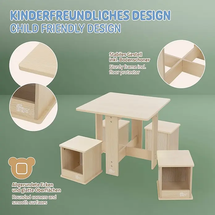Kindersitzgruppe mit 1 Tisch und 4 Hockern, aus Holz, Naturfarbe -  - Kindertisch und drei Hocker aus hellem Holz mit abgerundeten Ecken und stabilem Gestell.
