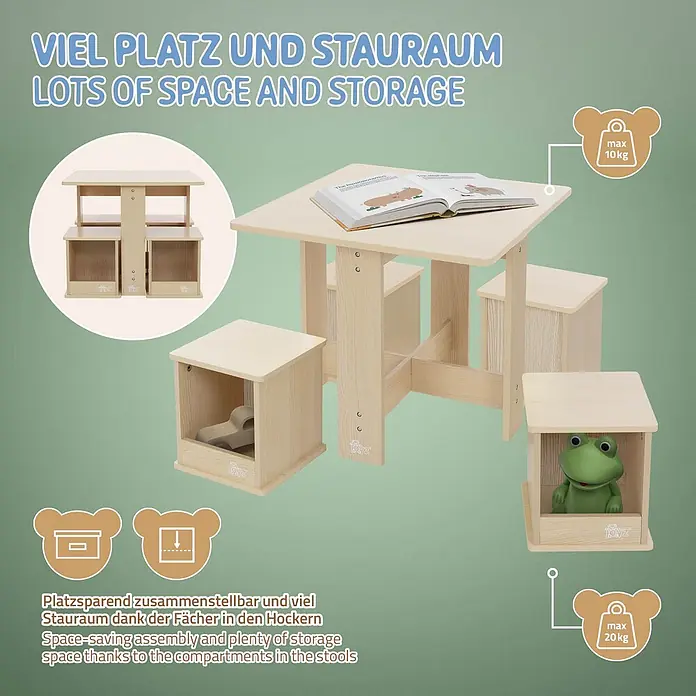 Kindersitzgruppe mit 1 Tisch und 4 Hockern, aus Holz, Naturfarbe -  - Heller Kindertisch aus Holz mit vier Stühlen, jeweils mit integrierten Staufächern. Die Stühle lassen sich platzsparend unter dem Tisch verstauen.