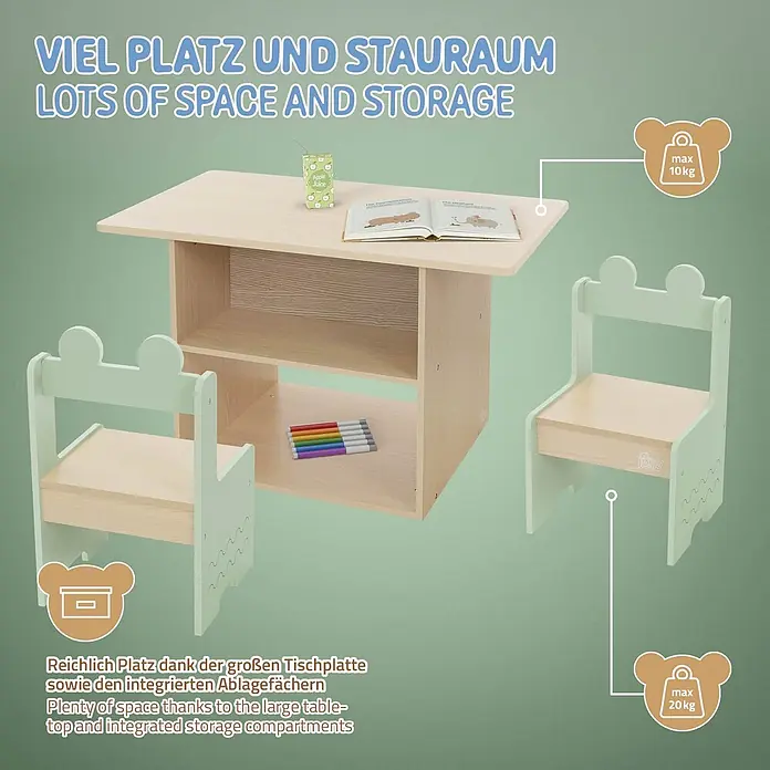 ECD Germany Kindertisch Krokodil Kindersitzgruppe 3tlg. 1x Tisch & 2x Stühle MDF - Verbundwerkstoff, Grün, Beige - Helles Holztisch-Set mit integrierten Ablagefächern und zwei hellgrünen Stühlen, betont viel Platz und robustes Design.