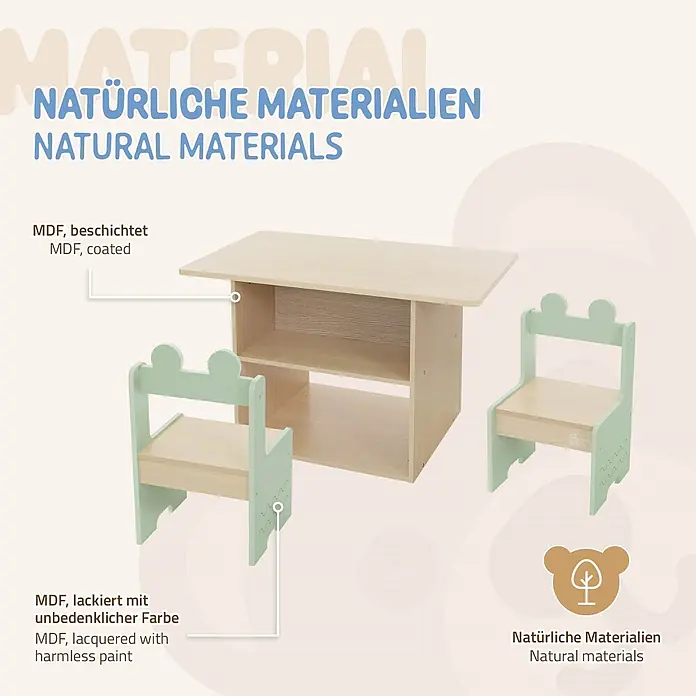 ECD Germany Kindertisch Krokodil Kindersitzgruppe 3tlg. 1x Tisch & 2x Stühle MDF - Verbundwerkstoff, Grün, Beige - Kindertisch und zwei Stühle aus hellem, beschichtetem MDF, die mintgrünen Stühle sind mit unbedenklicher Farbe lackiert und zeigen Bärenohren. Natürliche Materialien.