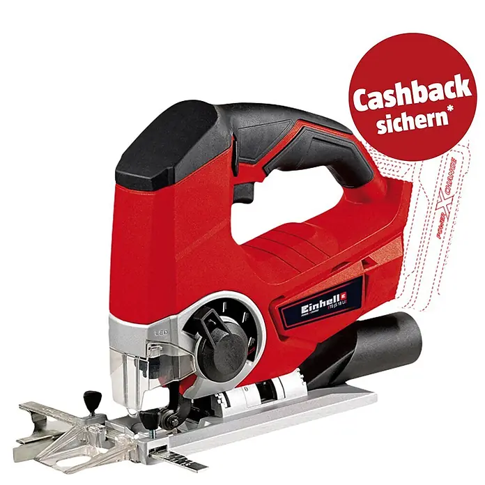 Einhell PXC 18V Akku-Pendelhubstichsäge TE-JS 18/80 Li-Solo - 18 V, Ohne Akku, 0 /min - 2.400 /min - Rote und schwarze Einhell Akku-Stichsäge mit transparenter Führung, LED-Licht und silberner Basis.