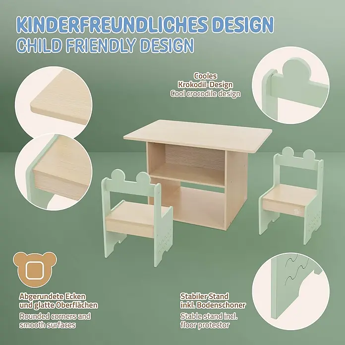 ECD Germany Kindertisch Krokodil Kindersitzgruppe 3tlg. 1x Tisch & 2x Stühle MDF - Verbundwerkstoff, Grün, Beige - Kinderfreundlicher heller Holztisch und zwei Stühle mit grünem Krokodil-Design, abgerundeten Ecken und stabilem Stand.