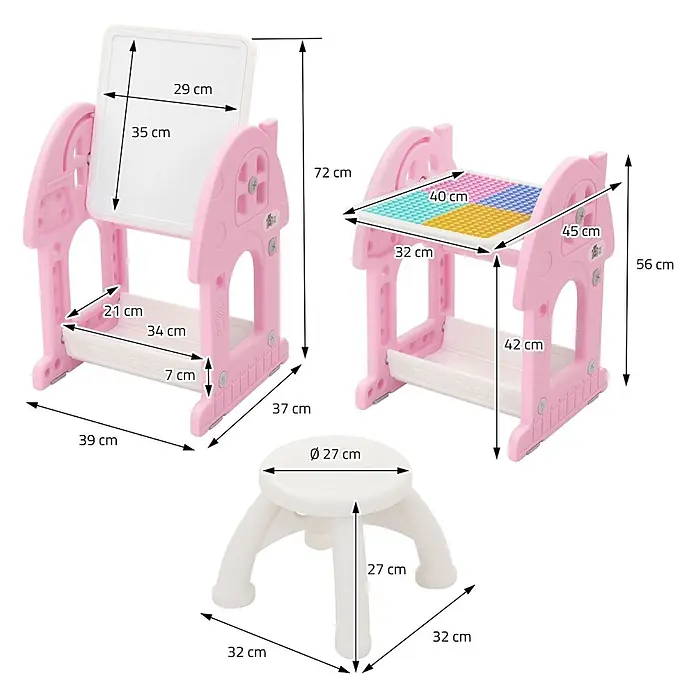ECD Germany Kindertisch Bausteinplattentisch / Magnetische Whiteboard, Sitzhocker - Kunststoff, Rosa, Weiß - Rosafarbenes Kinder-Aktivitätstisch-Set, umwandelbar als Staffelei und Bausteintisch, mit weißem Hocker und Maßen.