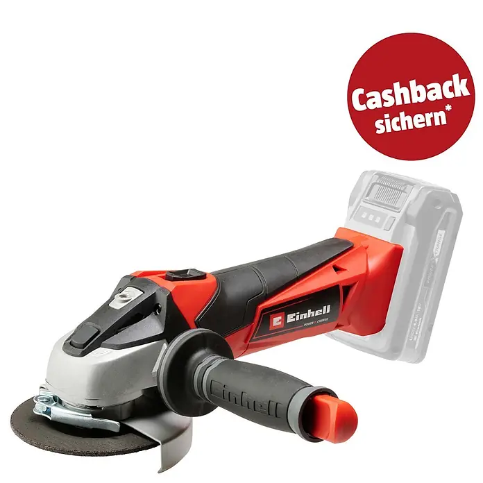 Einhell PXC 18V Akku-Winkelschleifer TE-AG 18/115 Li-Solo - 18 V, Ohne Akku, Durchmesser Scheibe: 115 mm, 8.500 U/min - Rote und schwarze Akku-Winkelschleifer mit grauer Trennscheibe. Oben rechts ein roter Cashback-Aufkleber.