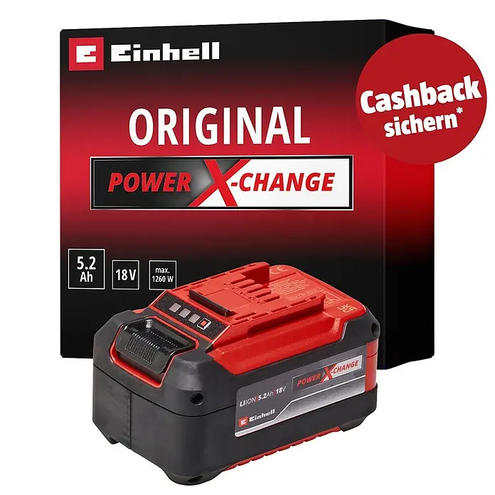Einhell PXC 18V Akku PXC 18V 5,2Ah - 18 V, 5,2 Ah - Roter und schwarzer Einhell Power X-Change 5.2 Ah 18V Akku. Die Verpackung hebt "ORIGINAL" und "Cashback sichern*" hervor.