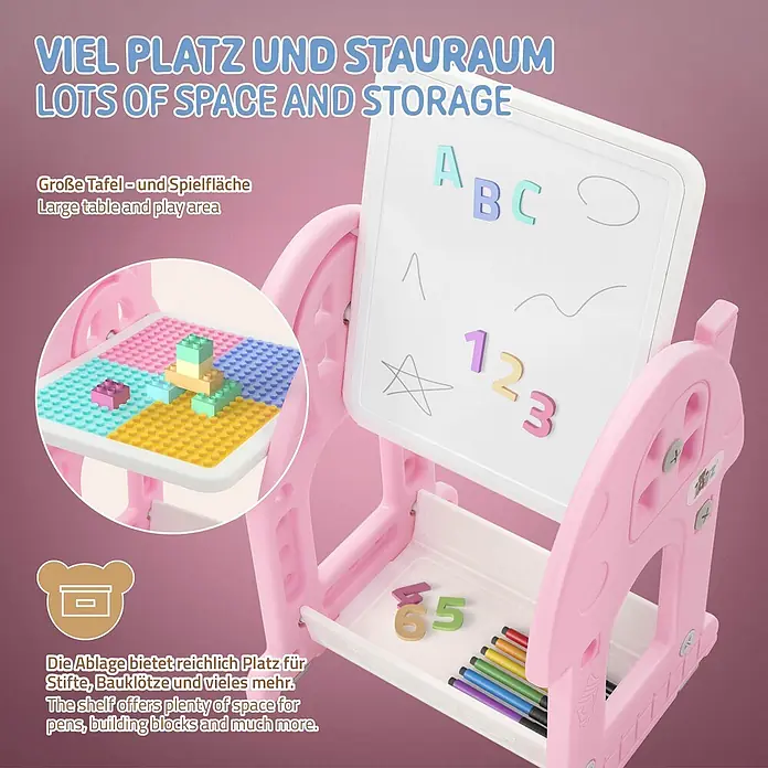 ECD Germany Kindertisch Bausteinplattentisch / Magnetische Whiteboard, Sitzhocker - Kunststoff, Rosa, Weiß - Rosa Kinderstaffelei mit Whiteboard, Bauplatten und Ablagefach für Spielzeug und Stifte.