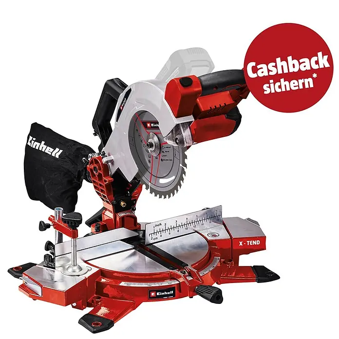 Einhell PXC 18V Akku-Kapp- & Gehrungssäge TE-MS 18/210 Li-Solo - 18 V, Ohne Akku, Durchmesser Sägeblatt: 210 mm, Leerlaufdrehzahl: 3.000 U/min - Rote und silberne Einhell Kapp- und Gehrungssäge mit Staubfangsack und Messführung, mit X-TEND Schriftzug.
