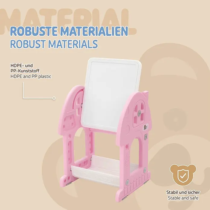 ECD Germany Kindertisch Bausteinplattentisch / Magnetische Whiteboard, Sitzhocker - Kunststoff, Rosa, Weiß - Rosa-weißes Kindermaltafel aus robustem HDPE- und PP-Kunststoff, stabil und sicher mit Spielzeugablage.