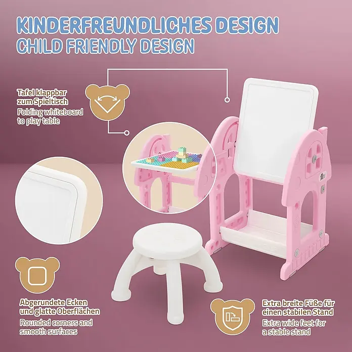 ECD Germany Kindertisch Bausteinplattentisch / Magnetische Whiteboard, Sitzhocker - Kunststoff, Rosa, Weiß - Pink-weißes Kinder-Staffelei-Set mit Hocker, umwandelbar zur Spieltischfunktion, abgerundeten Ecken und stabilen Füßen.
