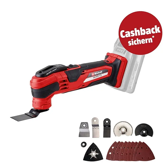 Einhell PXC 18V Akku-Multifunktionswerkzeug Varrito - 18 V, Ohne Akku - Rotes und schwarzes Einhell Varrito Multifunktionswerkzeug mit Akku und diversen Zubehörteilen wie Klingen und Schleifpads.