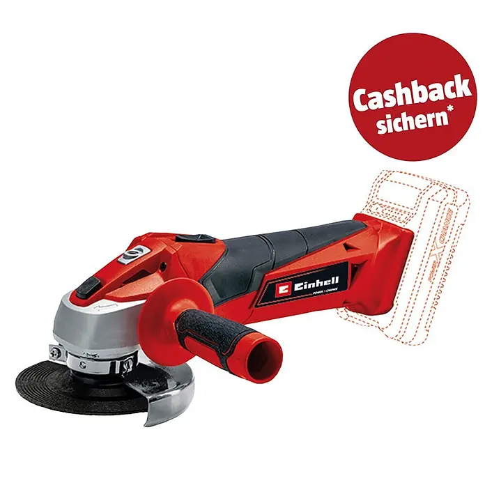 Einhell PXC 18V Akku-Winkelschleifer TC-AG 18/115 Li-Solo - 18 V, Ohne Akku, Durchmesser Scheibe: 115 mm - Rot-schwarzer Einhell Akku-Winkelschleifer mit Zusatzhandgriff und Schleifscheibe.