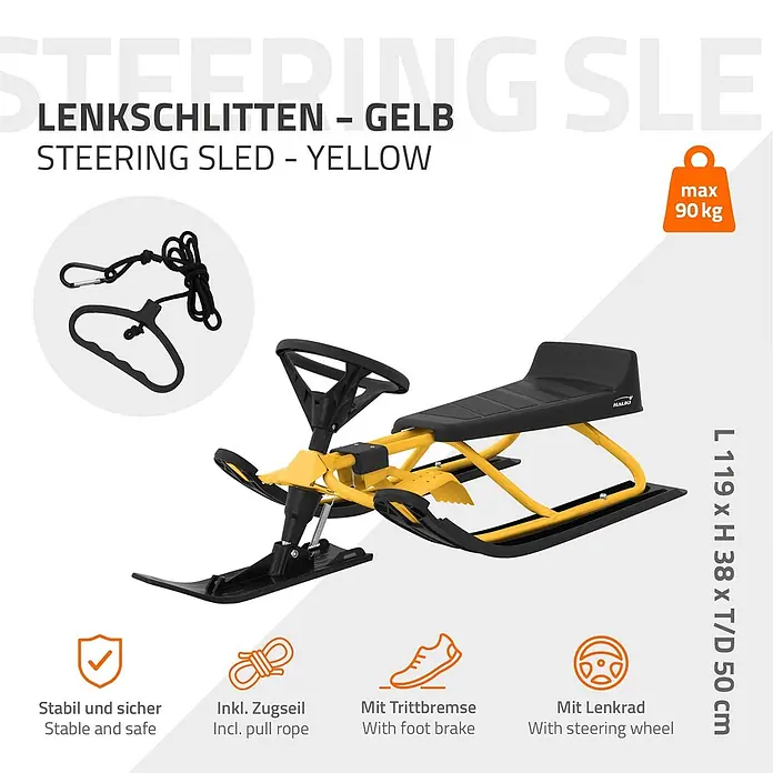 Lenkschlitten für Kinder Gelb 119 x 38 x 50 cm Stahlrahmen bis 90 kg -  - Gelber Lenkschlitten mit schwarzem Sitz und Kufen, ausgestattet mit Lenkrad, Fußbremse und Zugseil. Max. 90 kg.