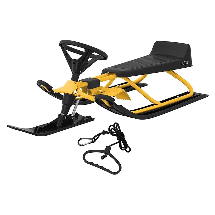 Lenkschlitten für Kinder Gelb 119 x 38 x 50 cm Stahlrahmen bis 90 kg -  - Gelber und schwarzer Lenkschlitten mit Steuerrad, Fußbremsen und Zugseil mit Griff.