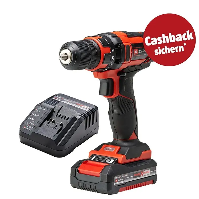 Einhell PXC 18V Akku-Bohrschrauber TC-CD 18/35 - 18 V, 1 Akku, 1,5 Ah, 35 Nm - Rote und schwarze Akku-Bohrmaschine mit Akku und Ladegerät.