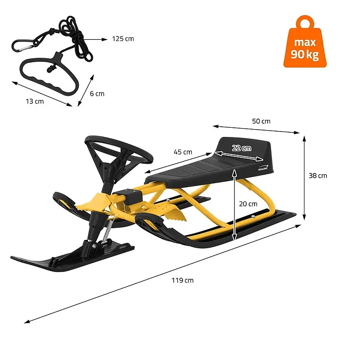 Lenkschlitten für Kinder Gelb 119 x 38 x 50 cm Stahlrahmen bis 90 kg -  - Gelber und schwarzer Schneeschlitten mit Lenkrad, Sitz und Zugseil, Maße und 90 kg Max. Last angezeigt.